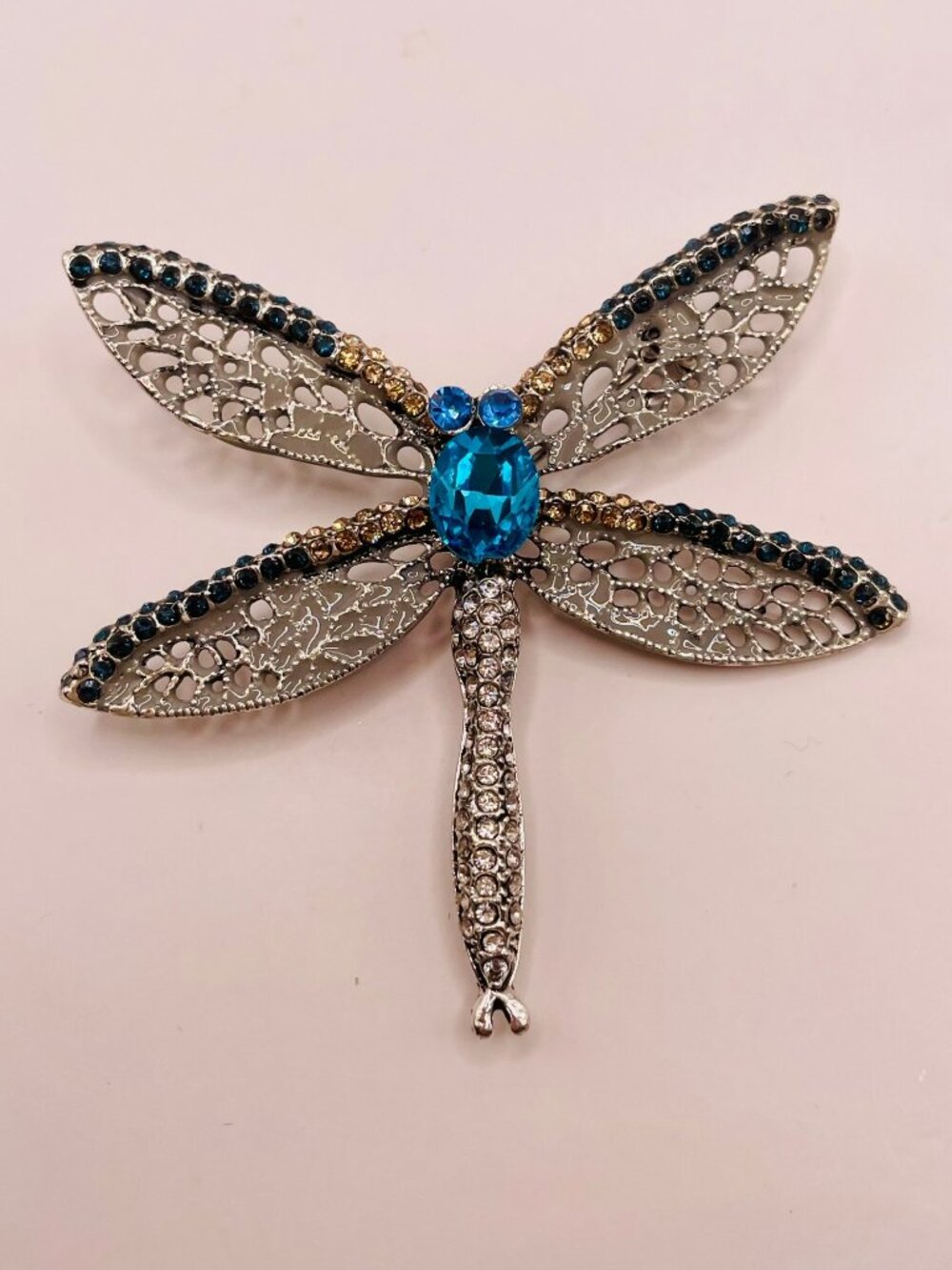 Dragonfly Brooch Blue & Clear Rhinestones Silver-Tone -88B